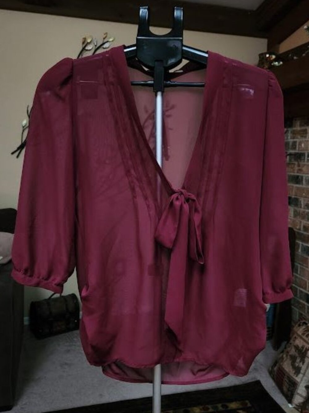 NWT Decree burgundy bow tie front sheer blouse sz small